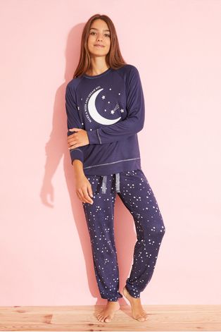 Pyžamové tričko s dlouhým rukávem Women'secret tmavomodrá barva
