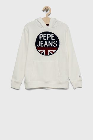 Pepe Jeans Bluza bawełniana dziecięca kolor biały z kapturem z aplikacją