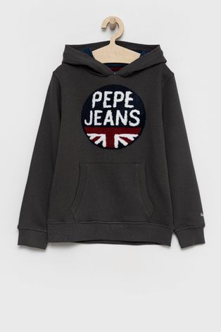 Detská bavlnená mikina Pepe Jeans šedá farba, s nášivkou