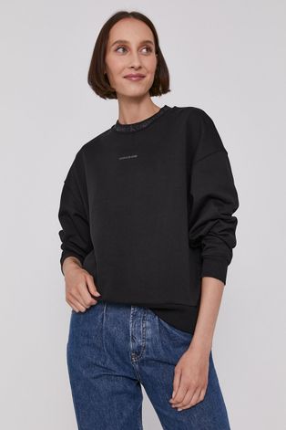 Bavlněná mikina Calvin Klein Jeans dámská, černá barva, hladká