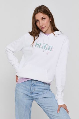 Bavlněná mikina Hugo dámská, bílá barva, s potiskem