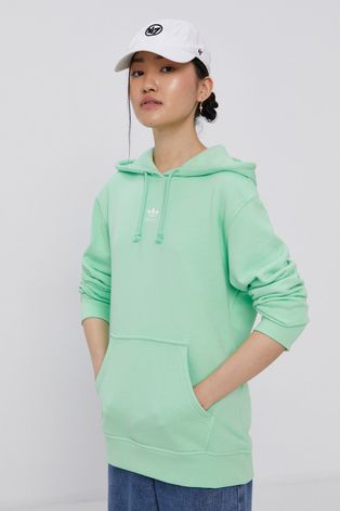 adidas Originals Bluza bawełniana damska kolor zielony z kapturem gładka