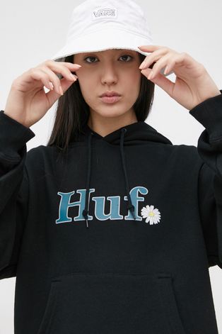 HUF Bluza damska kolor czarny z kapturem z nadrukiem
