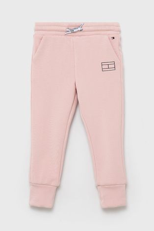 Dětské kalhoty Tommy Hilfiger růžová barva, s potiskem