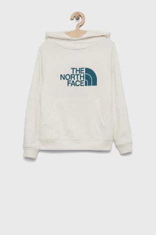 The North Face Bluza bawełniana dziecięca kolor biały z kapturem z nadrukiem