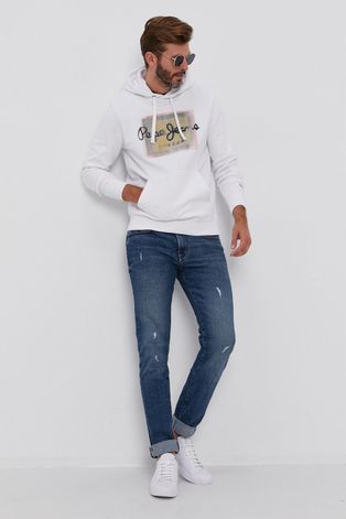 Pepe Jeans Bluza bawełniana męska kolor biały z kapturem z nadrukiem