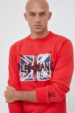 Pepe Jeans Bluza bawełniana męska kolor czerwony z nadrukiem