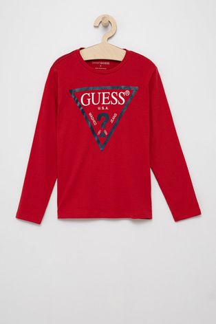 Dětské tričko s dlouhým rukávem Guess červená barva, s potiskem