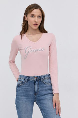 Tričko s dlhým rukávom Guess dámske, ružová farba
