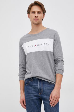Bavlnené tričko s dlhým rukávom Tommy Hilfiger šedá farba, s potlačou