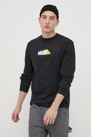 Bavlnené tričko s dlhým rukávom HUF čierna farba, s potlačou