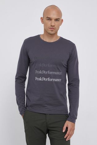 Bavlnené tričko s dlhým rukávom Peak Performance šedá farba, s potlačou