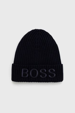 Вовняна шапка Boss колір синій вовна