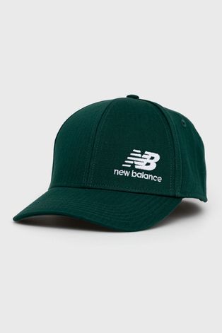 Bavlnená čiapka New Balance zelená farba, jednofarebná