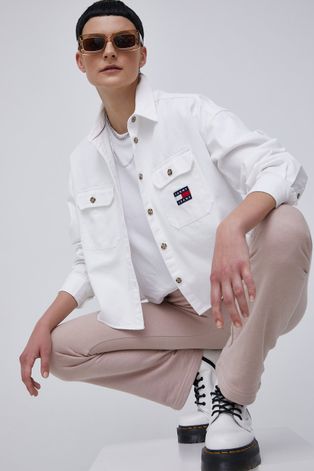 Tommy Jeans Koszula bawełniana damska kolor biały relaxed z kołnierzykiem klasycznym