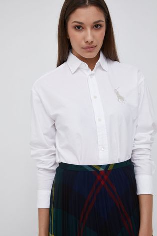 Bavlnená košeľa Polo Ralph Lauren dámska, biela farba, regular, s klasickým golierom