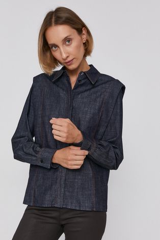 Bavlněné tričko Drykorn dámské, tmavomodrá barva, regular, s klasickým límcem