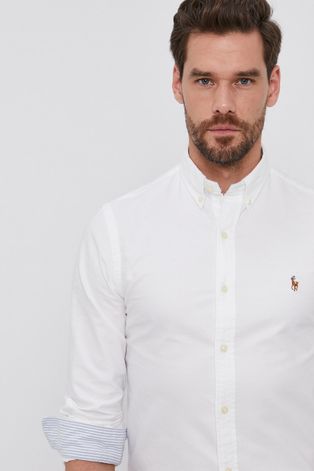 Bavlněné tričko Polo Ralph Lauren pánské, bílá barva, slim, s límečkem button-down