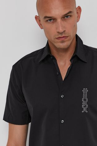 Bavlnená košeľa Hugo pánska, čierna farba, slim, s klasickým golierom