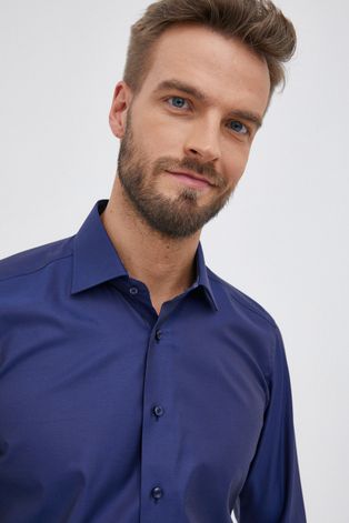 Bavlněné tričko Emanuel Berg pánské, tmavomodrá barva, slim, s klasickým límcem
