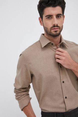 Bavlnená košeľa Boss pánska, béžová farba, slim, s klasickým golierom