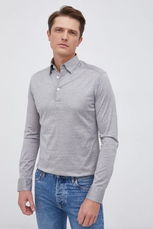 Памучна риза Eton мъжка в сиво със стандартна кройка с яка с копче