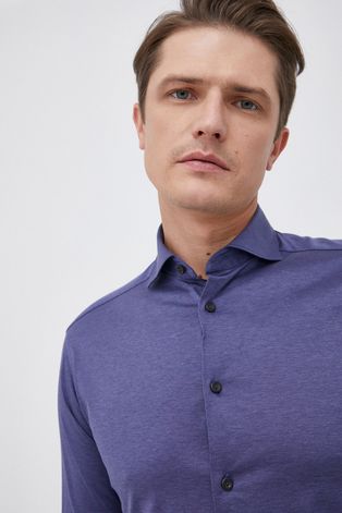 Памучна риза Eton мъжка в тъмносиньо с кройка по тялото с италианска яка