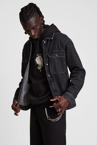 Džínová košile AllSaints pánská, černá barva, regular, s klasickým límcem