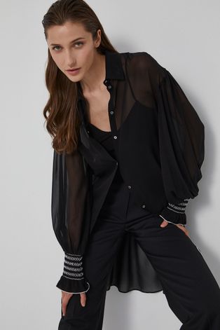 Hedvábné tričko Karl Lagerfeld dámské, černá barva, relaxed, s klasickým límcem