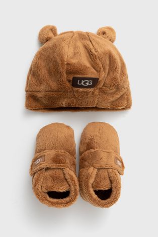 Σετ παντόφλες και παιδικό καπέλο UGG χρώμα: καφέ