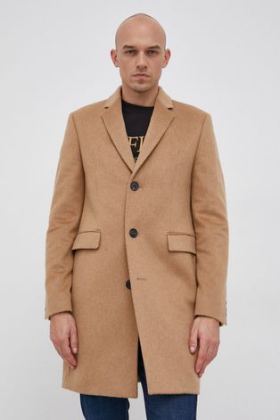 Vlnený kabát Tommy Hilfiger béžová farba, prechodný