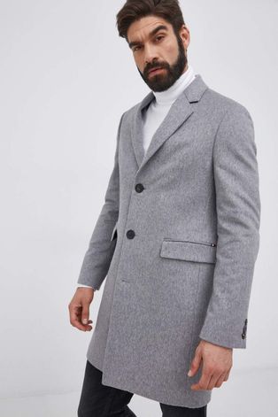 Vlněný kabát Tommy Hilfiger šedá barva, přechodný
