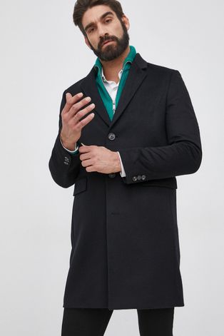 Vlněný kabát Tommy Hilfiger černá barva, přechodný