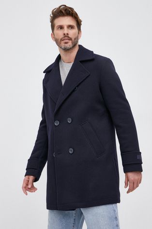 Kabát s prímesou vlny Guess tmavomodrá farba, prechodný, dvojradový