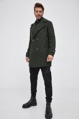 Kabát s prímesou vlny Guess zelená farba, prechodný, dvojradový