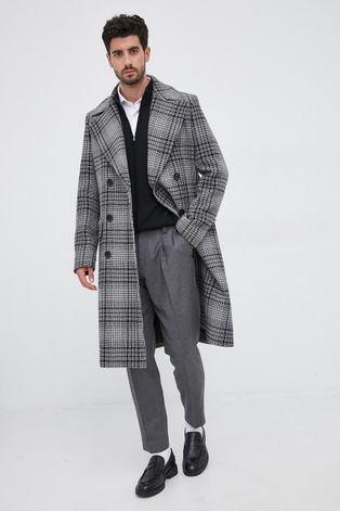 Vlnený kabát Boss šedá farba, prechodný, dvojradový