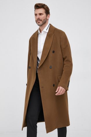 Vlnený kabát Drykorn hnedá farba, prechodný, dvojradový