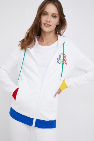 United Colors of Benetton Bluza bawełniana damska kolor biały z kapturem z aplikacją