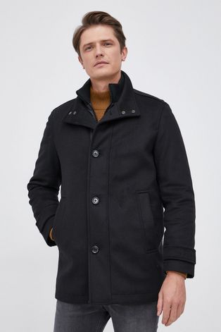 Vlnený kabát Boss čierna farba, prechodný