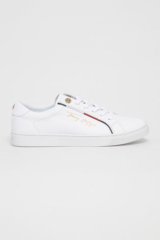 Kožené boty Tommy Hilfiger bílá barva, na plochém podpatku