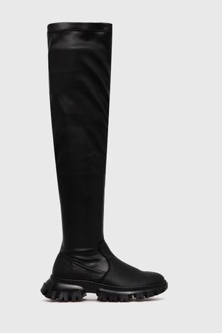 Vysoké čižmy Steve Madden dámske, čierna farba, na plochom podpätku