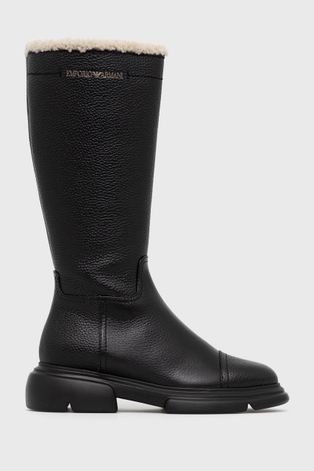 Шкіряні чоботи Emporio Armani жіночі колір чорний на плоскому ходу злегка утеплена