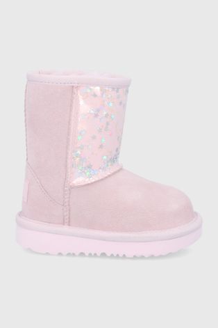 UGG śniegowce skórzane dziecięce Classic II Clear Glitter kolor różowy