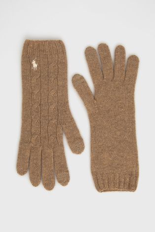 Vlněné rukavice Polo Ralph Lauren dámské, hnědá barva
