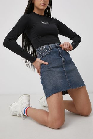 Rifľová sukňa Tommy Jeans tmavomodrá farba, mini, rovná