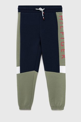 Dětské kalhoty Tommy Hilfiger tmavomodrá barva, s potiskem