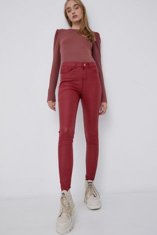 Noisy May Spodnie damskie kolor czerwony dopasowane high waist