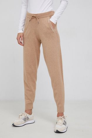 Calvin Klein Spodnie z domieszką wełny damskie kolor brązowy joggery high waist