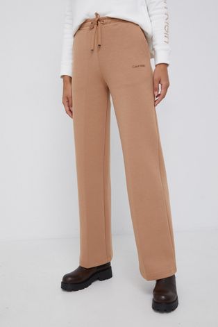 Calvin Klein Spodnie damskie kolor brązowy gładkie