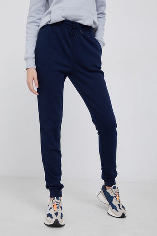 Lacoste Pantaloni femei, culoarea albastru marin, material neted